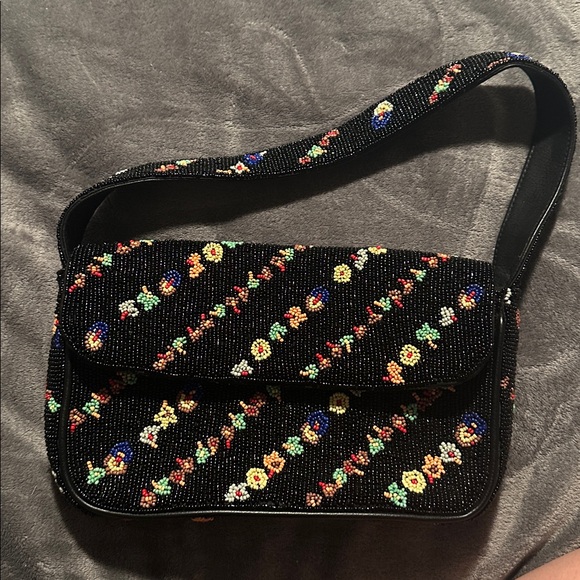 Anthropologie Black Floral Beaded Shoulder Bag - Picture 3 of 3